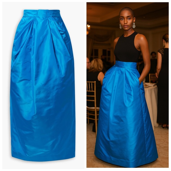 CHRISTOPHER JOHN ROGERS skirt maxi silk faille blue size 2 pleated pockets NWT - Picture 1 of 14